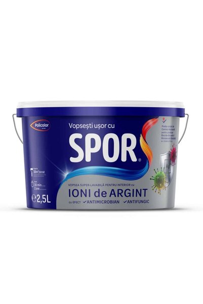 SPOR Vopsea lavabilă pentru interior 2.5L cu ion de argint, SPOR, alb mat / 4...