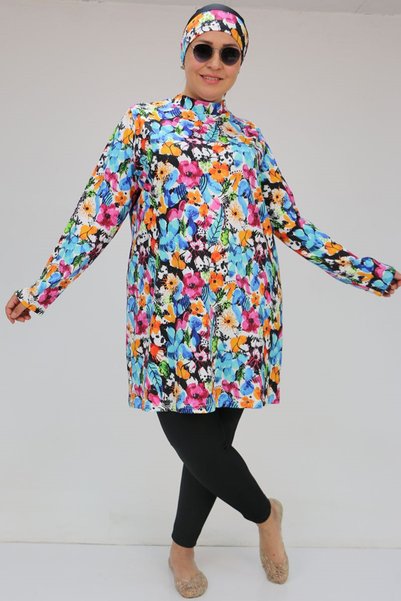 Eslina 1727 Large Size Long Sleeve Hijab Swimsuit Set - Mixed Pattern Blue