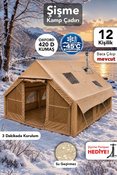 fischerone 12 Kişilik Şişme Çadır - Su Geçirmez Kolay Kurulum Kamp Plaj Outdo...
