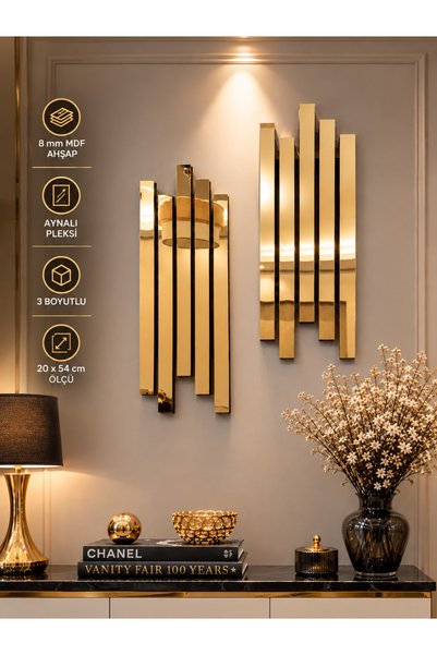 TUĞBArt 2li Tablo dekor 3 Boyutlu Lambiri Model Gold Renk Aynalı Pleksi