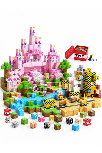 Siotay Set 3 în 1 Blocuri Magnetice Puzzle 3D, 400 Bucăți, Castel Roz, 10 Fig...