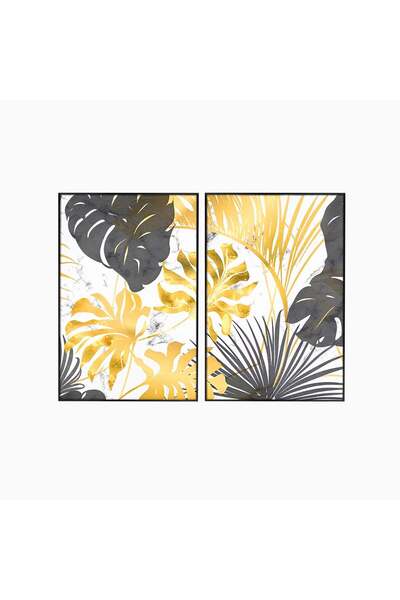 Luxcanva Set 2 Tablouri Canvas Plante Lief Negru Auriu 80x60 cm (2 x 40x60) c...