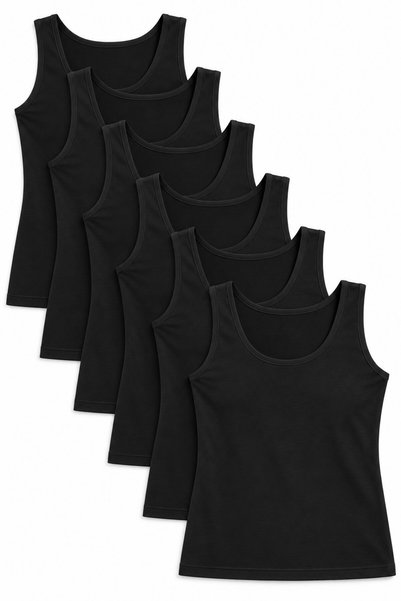 REN Women's 6-Pack Black Cotton Lycra Wide Strap Tank Top, 94% Cotton, 6% Ela...