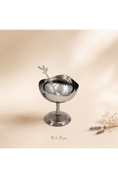 OEMS Silver Dessert Cup with Base and Spoon – Small 9 X 9 cm