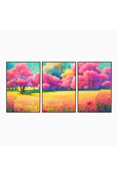 Luxcanva Set 3 Tablouri Canvas Copaci Roz 120x60 cm (3 x 40x60) cu Rama Negru...