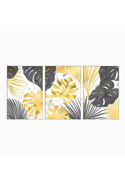 Luxcanva Set 3 Tablouri Canvas Plante cu Frunze Negru Auriu 120x60 cm (3 x 40...