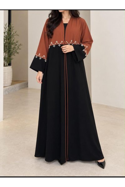 Generic Black Open-Front Abaya Featuring an Orange/Gold Top and Sleeves with ...