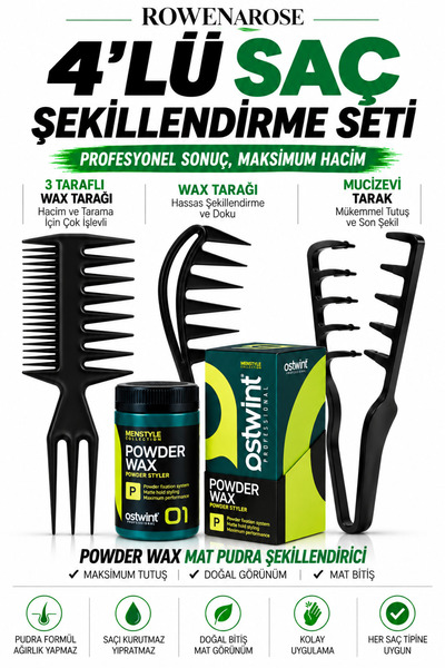 ROWENAROSE 4’lü Saç Şekillendirme Seti – Stone Heads Mat Pudra ve 3 Farklı Tarak
