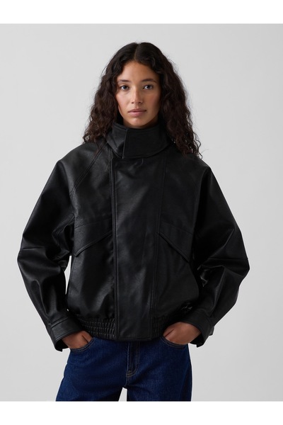 GAP Kadın Siyah Vegan Deri Oversized Bomber Ceket
