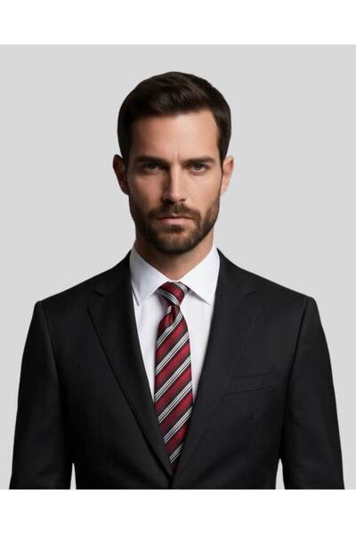 KUMOVO Black-and-White Striped Red Silk Tie – 7.5 cm wide