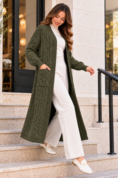 benguen Knitted Cardigan with Knitted Pattern R4612 Khaki