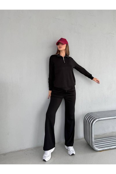 ÇEÇİM Yarım Fermuarlı Uzun Kollu Rahat Kesim Oversize Sweatshirt ve Pantolon Alt Üst Takım