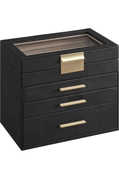 SONGMICS Jewelry Box with Glass Lid, 4-Layer Jewelry Organizer, Graphite Blac...