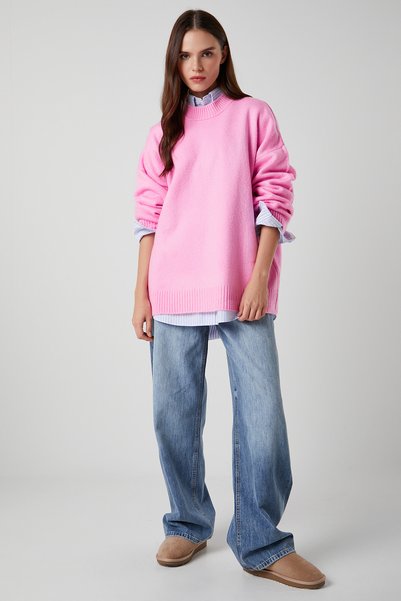 AC&Co / Altınyıldız Classics TOZ PEMBE Oversize Fit Bol Kesim Bisiklet Yaka T...