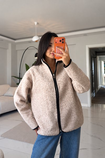 MİROR Women's Mock Neck Zippered Plush Fleece Jacket