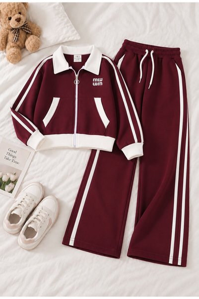 CansınMini Burgundy Girls' Zipper-Front, Striped Jacket with Wide-Leg Pants a...