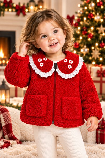 wofım kıds Girls' Red Plush Coat with Floral Lace Collar, Zipper, Zippered Po...