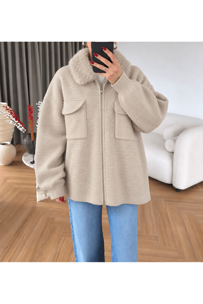 Hepsi Moda جاكيت صوف بياقة مبطنة بالفرو وسحاب - 8702 - لون حجري (ÖS)