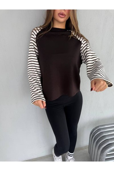 ÇEÇİM Kadın Kolları Çizgili Uzun Kollu Rahat Kesim Sweat
