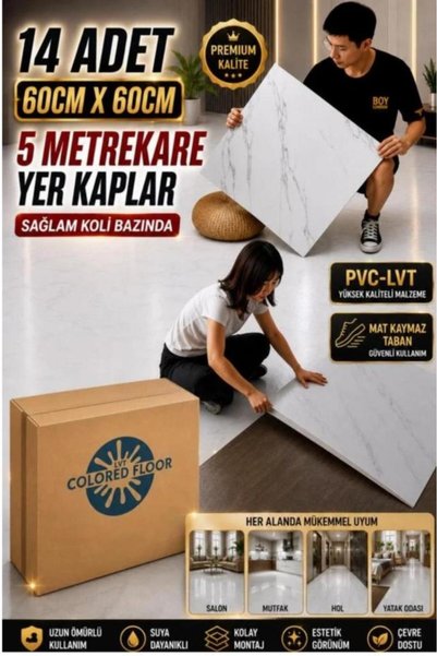 14 Adet 60X60cm Kırık Beyaz Mermer Desen Floor Pvc-Lvt Yapışkanlı Yer Kaplama Parkesi Kauçuklu 6216