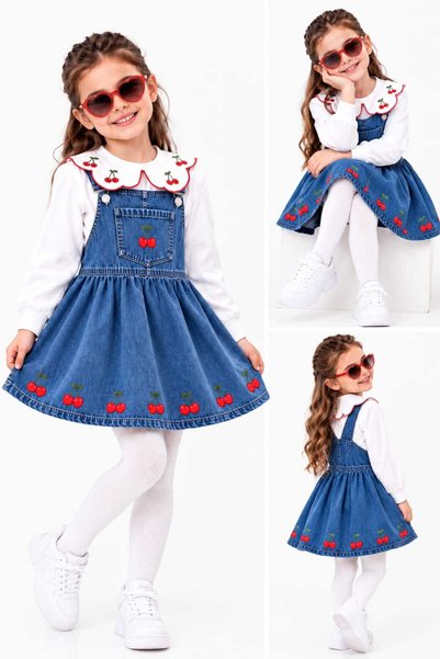Luniya Girls' Denim Overalls Set with Cherry Embroidery, 2-Piece Set: White B...