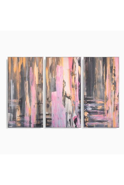 Luxcanva Set 3 Tablouri Canvas Roz Liniar 150x100 cm (3 x 50x100) cu Rama Arg...