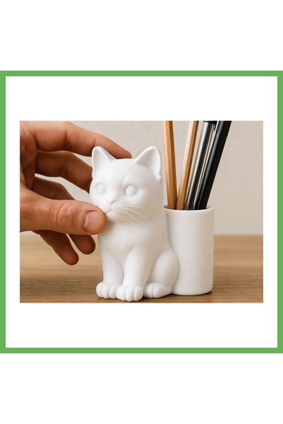 TheGencoo 3D-Printed Cat-Shaped Pencil Holder - Desktop Organizer - White GEN01
