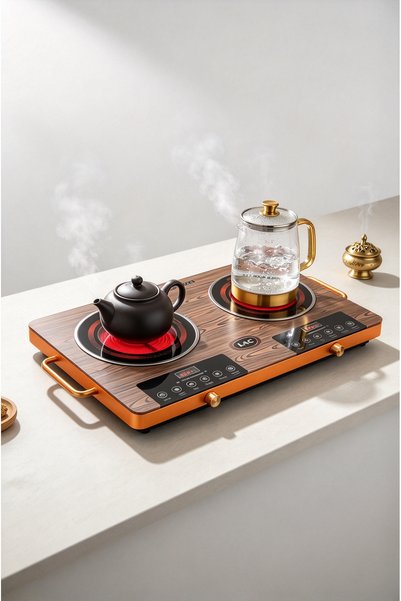 LAC Wood Grain Surface Dual Infrared Electric Cooktop, Double Burner Hot Plat...