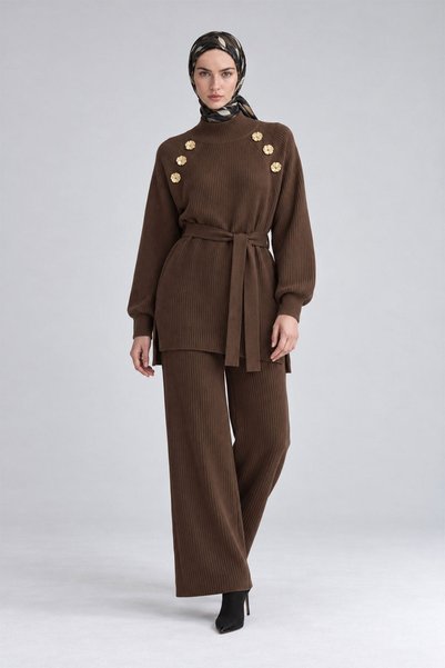 Levidor Gold Accessory Detail Knit Two-Piece Set, Dark Brown