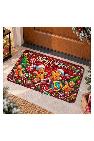 OEM Covoraș de intrare de Crăciun cu om de turtă dulce și ornamente, 60 x 40 cm