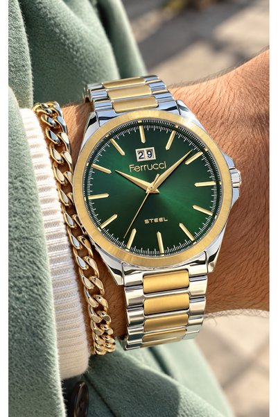 Ferrucci -STEEL-Date Display-Silver Steel Strap-Steel Case, Green Dial-Men's ...