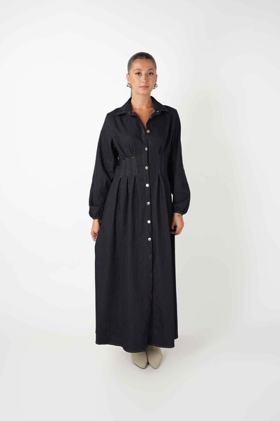 BEYBOS Modal Fabric Buttoned Dress - Dark Blue