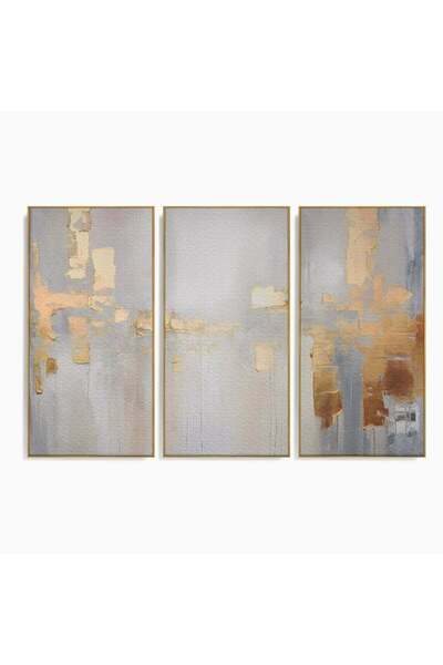 Luxcanva Set 3 Tablouri Canvas Auriu și Gri 180x120 cm (3 x 60x120) cu Ramă A...