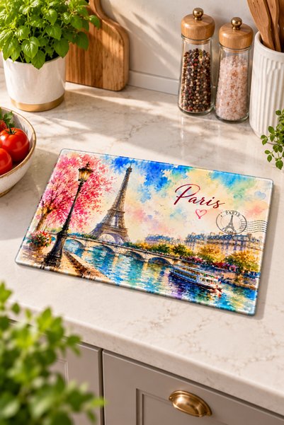 GÖKÇEOĞLU Paris-Themed Glass Cutting Board - Glass Cutting Board | 20 cm x 30 cm