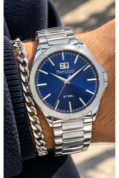 Ferrucci -STEEL-Date-Silver Steel Strap-Steel Case, Navy Blue Dial-Men's Wris...