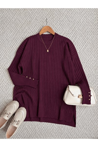 Hepsi Moda Knit Tunic with Buttoned Sleeve Detail and Striped Detail - 3170 -...