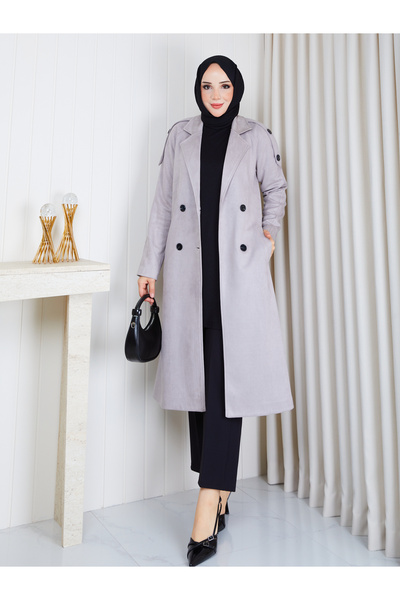 şuranur Suede Fabric Buttoned Women's Trench Coat