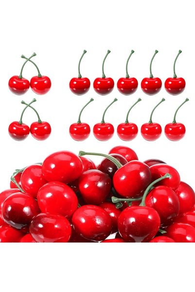 Generic 50 قطعة من الكرز الصناعي، زينة فواكه اصطناعية، نموذج كرز واقعي للديكو...