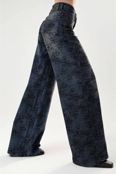 tw3 Blugi de damă cu model jacquard floral, cu pietre pe laterale, croială pa...