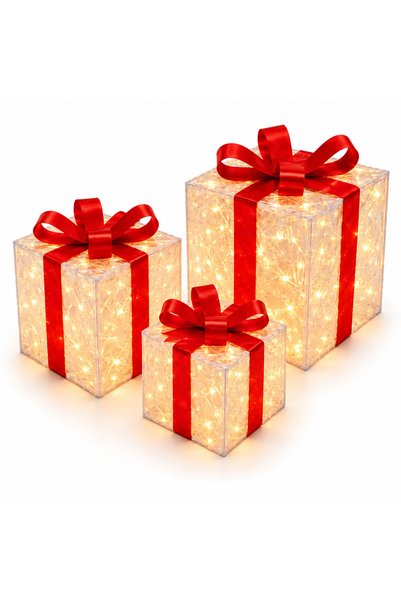 Luxis Set de trei decorațiuni cadou luminoase, LED cald și fundițe roșii
