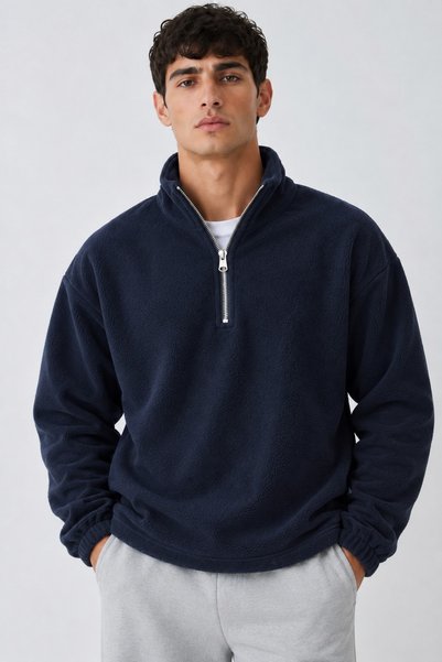 DAMGA JEANS Ανδρικό φούτερ oversized με μισό φερμουάρ και μακρύ μανίκι, σε μπ...