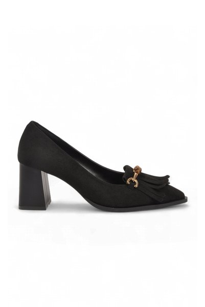 AYAKMOD Women's Black Heeled Shoes with Thick Heels and Tassel Details 657354