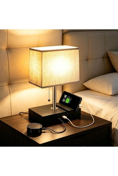 sharpdo Modern Bedside Lamp with USB Charging Ports 3 Color Dimmable Fabric T...