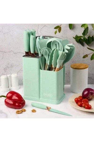 NO BRAND Set 19 ustensile pentru bucatarie din silicon, cu maner de lemn, sup...
