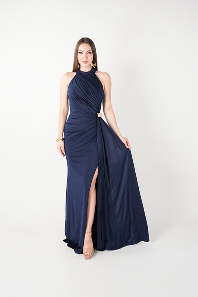 BEYBOS Crystal Fabric Halter Neck Evening Dress - Dark Blue