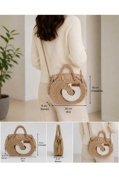 MTG JÜT TASARIM HANDMADE JUTE WOVEN STRAP SHOULDER BAG WITH SMALL RINGS AND C...