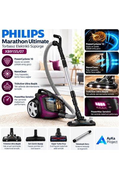 Philips Marathon Ultimate Toz Torbasız Elektrikli Süpürge, 899W, Powercyclone...