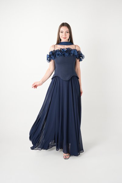 BEYBOS Top Atlas Fabric Dress with Lower Chiffon Shawl Detail - Dark Blue