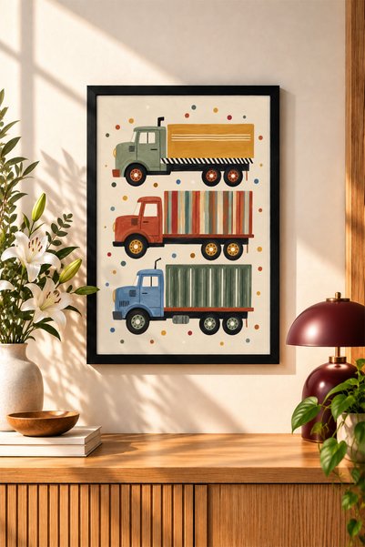 BAMBAŞKA MODA Poster cu mașinuțe de jucărie în ramă de lemn – Decor minimalis...
