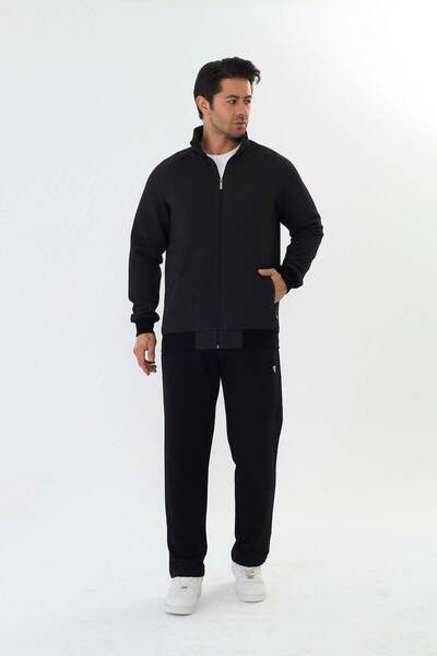 TRENDHİLL Men's Stand-Up Collar Sweatsuit Set, Khaki/Black - 9548